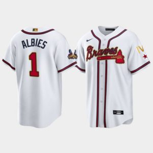 Men Atlanta Braves #1 Ozzie Albies 2022 White/Gold World Series Champions Program Cool Base Stitched Baseball Jersey