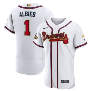 Men Atlanta Braves #1 Ozzie Albies 2022 White/Gold World Series Champions Program Flex Base Stitched Baseball Jersey