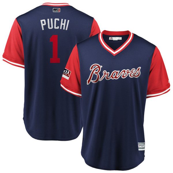 Men Atlanta Braves #1 Ozzie Albies "Puchi" Majestic Navy/Red 2018 Players' Weekend Stitched MLB Jersey