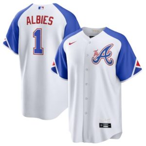 Men Atlanta Braves #1 Ozzie Albies White 2023 City Connect Cool Base Stitched Baseball Jersey