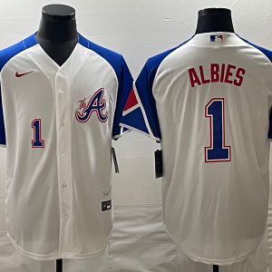 Men Atlanta Braves #1 Ozzie Albies White 2023 City Connect Cool Base With Patch Stitched Jersey