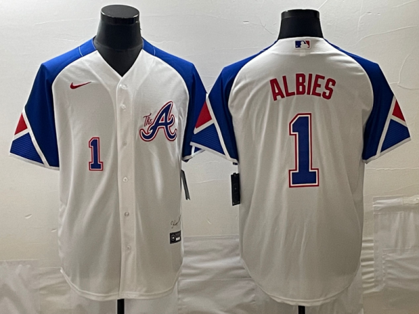 Men Atlanta Braves #1 Ozzie Albies White 2023 City Connect Cool Base With Patch Stitched Jersey