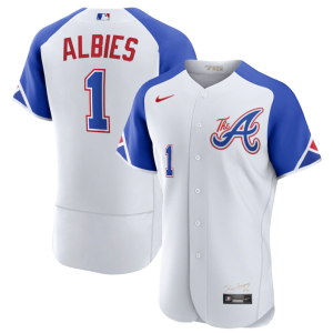 Men Atlanta Braves #1 Ozzie Albies White 2023 City Connect Flex Base Stitched Jersey