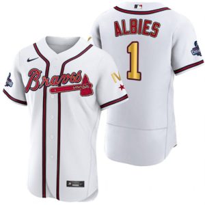 Men Atlanta Braves #1 Ozzie Albies White Gold World Series Champions Flex Base Stitched Jersey