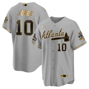 Men Atlanta Braves #10 Chipper Jones 2021 Gray/Gold World Series Champions With 150th Anniversary Patch Cool Base Stitched Jersey