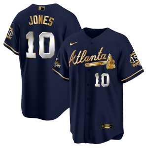 Men Atlanta Braves #10 Chipper Jones 2021 Navy/Gold World Series Champions With 150th Anniversary Patch Cool Base Stitched Jersey