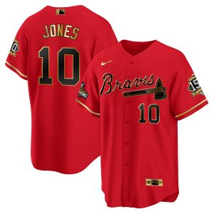 Men Atlanta Braves #10 Chipper Jones 2021 Red/Gold World Series Champions With 150th Anniversary Patch Cool Base Stitched Jersey