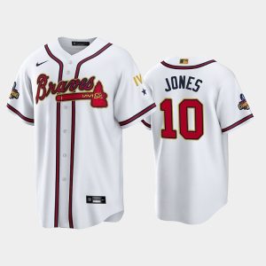 Men Atlanta Braves #10 Chipper Jones 2022 White/Gold World Series Champions Program Cool Base Stitched Baseball Jersey