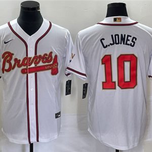 Men Atlanta Braves #10 Chipper Jones 2022 White/Gold World Series Champions Program Cool Base Stitched Jersey