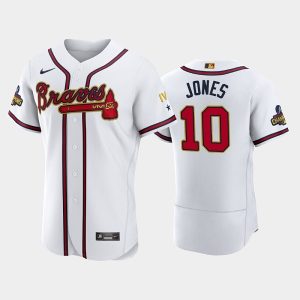 Men Atlanta Braves #10 Chipper Jones 2022 White/Gold World Series Champions Program Flex Base Stitched Baseball Jersey