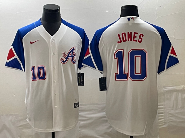 Men Atlanta Braves #10 Chipper Jones White 2023 City Connect Cool Base With Patch Stitched Baseball Jersey