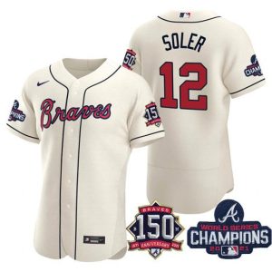 Men Atlanta Braves #12 Jorge Soler 2021 Cream World Series Champions With 150th Anniversary Flex Base Stitched Jersey