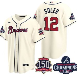 Men Atlanta Braves #12 Jorge Soler 2021 Cream World Series Champions With 150th Anniversary Patch Cool Base Stitched Jersey