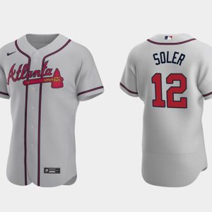 Men Atlanta Braves #12 Jorge Soler 2021 Gray World Series Champions Flex Base Stitched Jersey