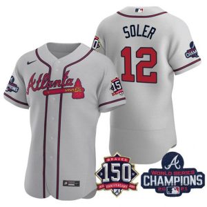 Men Atlanta Braves #12 Jorge Soler 2021 Gray World Series Champions With 150th Anniversary Flex Base Stitched Jersey