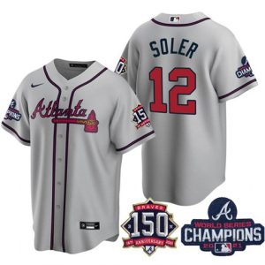 Men Atlanta Braves #12 Jorge Soler 2021 Gray World Series Champions With 150th Anniversary Patch Cool Base Stitched Jersey