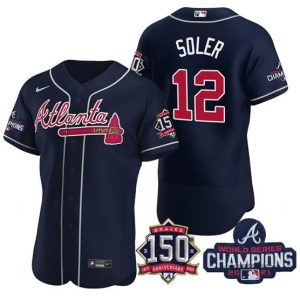 Men Atlanta Braves #12 Jorge Soler 2021 Navy World Series Champions With 150th Anniversary Flex Base Stitched Jersey