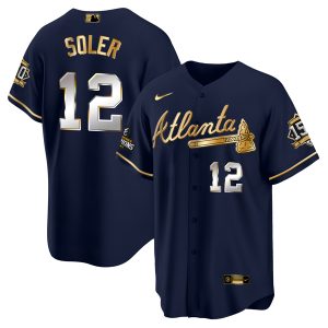 Men Atlanta Braves #12 Jorge Soler 2021 Navy/Gold World Series Champions With 150th Anniversary Patch Cool Base Stitched Jersey