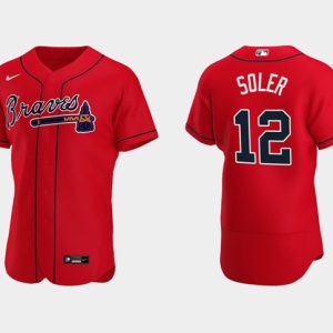 Men Atlanta Braves #12 Jorge Soler 2021 Red World Series Champions Flex Base Stitched Jersey