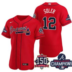 Men Atlanta Braves #12 Jorge Soler 2021 Red World Series Champions With 150th Anniversary Flex Base Stitched Jersey