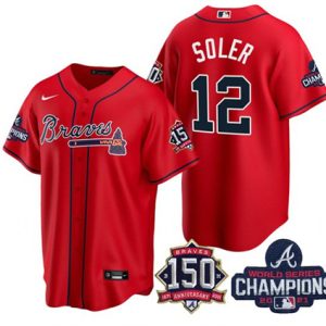 Men Atlanta Braves #12 Jorge Soler 2021 Red World Series Champions With 150th Anniversary Patch Cool Base Stitched Jersey