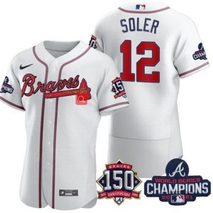 Men Atlanta Braves #12 Jorge Soler 2021 White World Series Champions With 150th Anniversary Flex Base Stitched Jersey