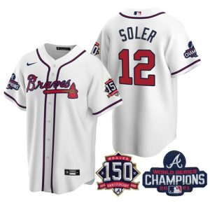 Men Atlanta Braves #12 Jorge Soler 2021 White World Series Champions With 150th Anniversary Patch Cool Base Stitched Jersey