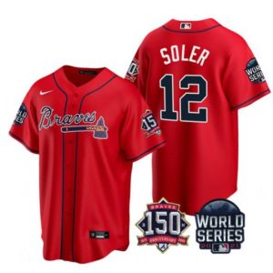 Men Atlanta Braves #12 Jorge Soler 2021 White World Series With 150th Anniversary Patch Cool Base Stitched Jersey