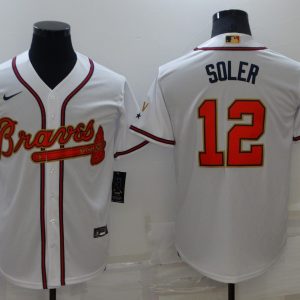 Men Atlanta Braves #12 Jorge Soler 2022 White/Gold World Series Champions Program Cool Base Stitched Baseball Jersey