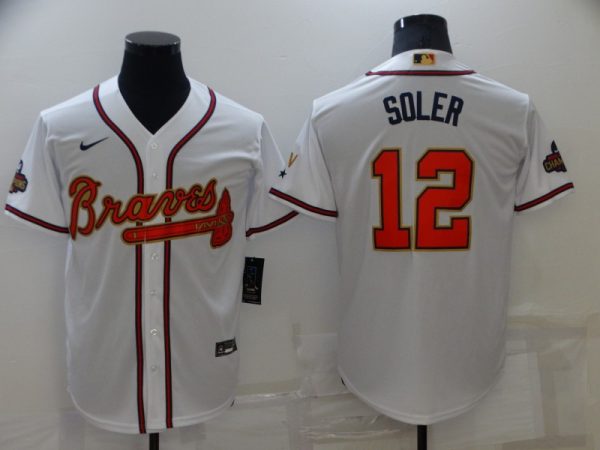 Men Atlanta Braves #12 Jorge Soler 2022 White/Gold World Series Champions Program Cool Base Stitched Baseball Jersey