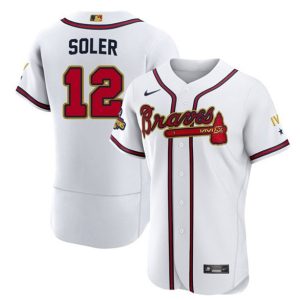 Men Atlanta Braves #12 Jorge Soler 2022 White/Gold World Series Champions Program Flex Base Stitched Baseball Jersey