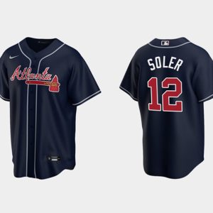 Men Atlanta Braves #12 Jorge Soler Navy Cool Base Stitched Jersey