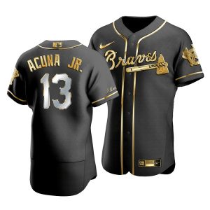 Men Atlanta Braves #13 Ronald Acuna Jr Black Golden Flex Base Stitched Jersey