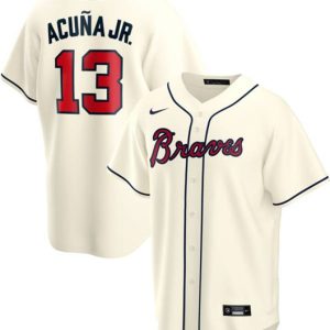 Men Atlanta Braves #13 Ronald Acuna Jr Cream Cool Base Stitched Jersey