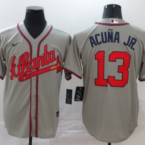 Men Atlanta Braves #13 Ronald Acuna Jr Grey Cool Base Stitched MLB Jersey