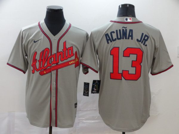 Men Atlanta Braves #13 Ronald Acuna Jr Grey Cool Base Stitched MLB Jersey