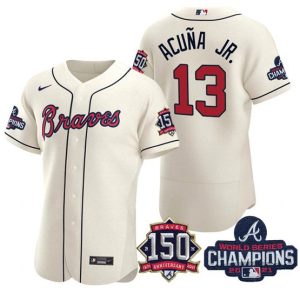 Men Atlanta Braves #13 Ronald Acuna Jr. 2021 Cream World Series Champions With 150th Anniversary Flex Base Stitched Jersey