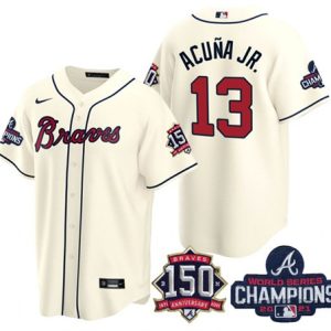 Men Atlanta Braves #13 Ronald Acuna Jr. 2021 Cream World Series Champions With 150th Anniversary Patch Cool Base Stitched Jersey