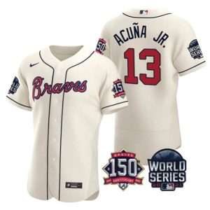 Men Atlanta Braves #13 Ronald Acuna Jr. 2021 Cream World Series Flex Base With 150th Anniversary Patch Stitched Baseball Jersey