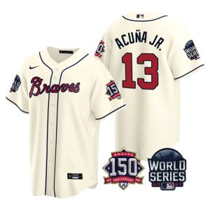 Men Atlanta Braves #13 Ronald Acuna Jr. 2021 Cream World Series With 150th Anniversary Patch Cool Base Stitched Jersey