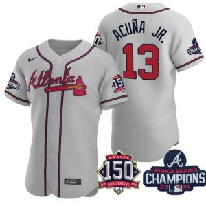 Men Atlanta Braves #13 Ronald Acuna Jr. 2021 Gray World Series Champions With 150th Anniversary Flex Base Stitched Jersey