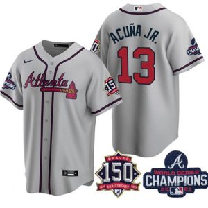 Men Atlanta Braves #13 Ronald Acuna Jr. 2021 Gray World Series Champions With 150th Anniversary Patch Cool Base Stitched Jersey