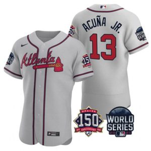 Men Atlanta Braves #13 Ronald Acuna Jr. 2021 Gray World Series Flex Base With 150th Anniversary Patch Stitched Baseball Jersey