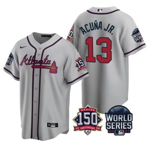 Men Atlanta Braves #13 Ronald Acuna Jr. 2021 Gray World Series With 150th Anniversary Patch Cool Base Stitched Jersey