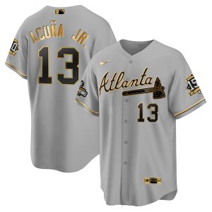 Men Atlanta Braves #13 Ronald Acuna Jr. 2021 Gray/Gold World Series Champions With 150th Anniversary Patch Cool Base Stitched Jersey