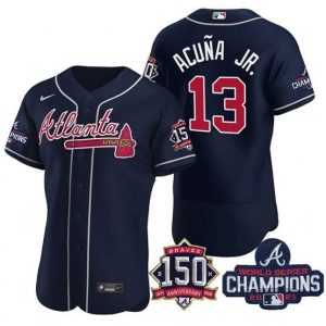 Men Atlanta Braves #13 Ronald Acuna Jr. 2021 Navy World Series Champions With 150th Anniversary Flex Base Stitched Jersey