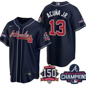 Men Atlanta Braves #13 Ronald Acuna Jr. 2021 Navy World Series Champions With 150th Anniversary Patch Cool Base Stitched Jersey