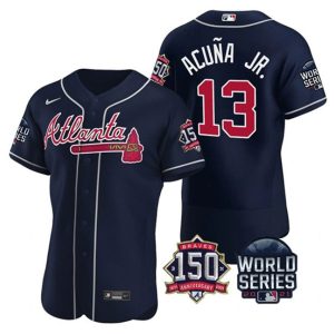 Men Atlanta Braves #13 Ronald Acuna Jr. 2021 Navy World Series Flex Base With 150th Anniversary Patch Stitched Baseball Jersey