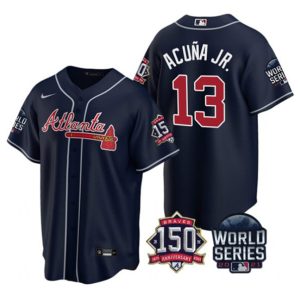 Men Atlanta Braves #13 Ronald Acuna Jr. 2021 Navy World Series With 150th Anniversary Patch Cool Base Stitched Jersey