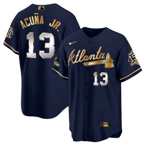 Men Atlanta Braves #13 Ronald Acuna Jr. 2021 Navy/Gold World Series Champions With 150th Anniversary Patch Cool Base Stitched Jersey